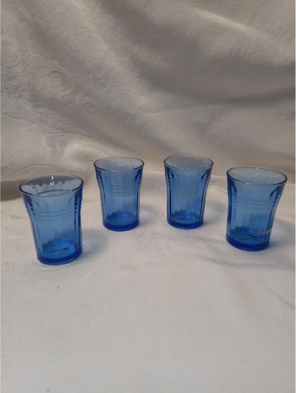 4 Hazel-Atlas shot Wisky glasses distinct "Modern tone" ribbed in Cobalt Blue